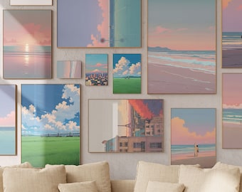 May include: A living room with a beige sectional sofa and several framed prints on the wall. The prints are all in a similar style, with pastel colors and scenes of beaches, cities, and landscapes.