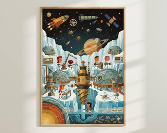 Arte de parede para quarto infantil com tema de exploração espacial - Pôster retrô de ciências para quarto de crianças, estampa de aventura de astronauta, decoração para sala de jogos, arte STEM para quarto infantil.