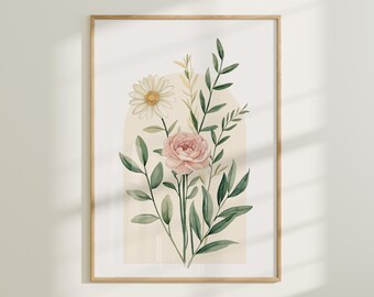 Minimalist Wildflower Watercolor Print, Modern Floral Bouquet (Digital Download)
