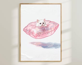Impressão em Pixel Art de Gato Fofo - Decoração de Parede de Gatinho Kawaii, Arte Doce para Amantes de Animais de Estimação, Pôster para Quarto Feminino, Impressão para Casa Aconchegante