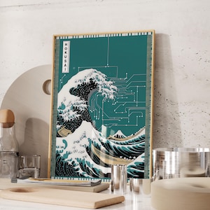 May include: A rectangular wall art print featuring a stylized interpretation of The Great Wave off Kanagawa in teal and white. The design incorporates digital circuit board patterns and the vertical text HOKUSAI in a white rectangular box.