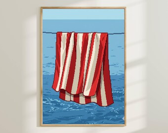 Toalha de Praia Pixel Art - Arte de Parede Retrô com Listras Vermelhas para o Verão, Pôster para Download Digital, Impressão Nostálgica para Decoração de Praia