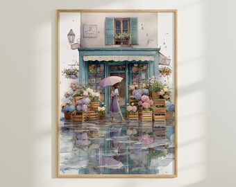 Rainy Flower Shop Wall Art, Hydrangea Street Print, French Cottagecore Vintage Watercolor Paris Scene