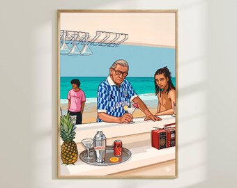Arte de parede em pixel art para bar de praia - Pôster retrô de verão, decoração de férias tropicais, impressão estética dos anos 80, arte de parede digital para download.