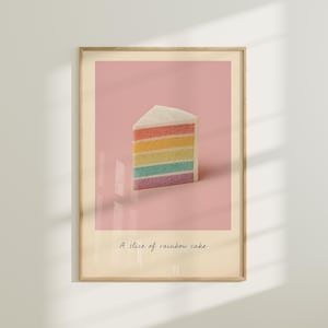 Rainbow cake slice illustration in pastel tones — sweet colorful dessert print for cheerful kitchen decor