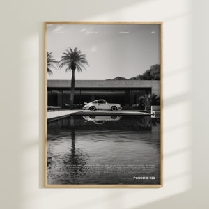 Porsche 911 en blanco y negro junto a la piscina, impresión Porsche vintage, arte de la pared de Porsche, cartel de coches antiguos, cartel de Porsche antiguo, Porsche minimalista