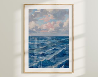 Stampa artistica di onde costiere, fotografia dell'oceano blu (download digitale)