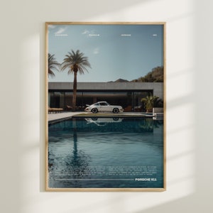 Porsch 911 am Pool, Vintage Prsch Print, Sommer Auto Wandkunst, Vintage Car Poster, altes Auto Poster, minimalistisches deutsches Auto Poster