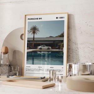 Impresiones físicas: Porsche junto a la piscina, impresión vintage de Prsche, arte mural de automóviles, póster de automóviles de revistas, póster clásico antiguo, arte de automóviles clásicos