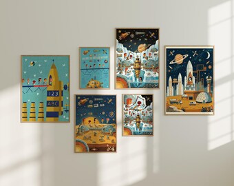 Conjunto de 6 Ilustrações de Parede para Quarto Infantil - Tema Exploração Espacial - Imprimíveis para Decoração de Quarto de Crianças - Download Instantâneo