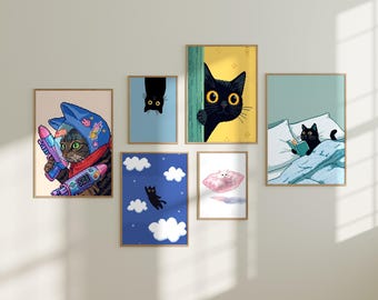 Conjunto de 6 Ilustrações Pixel Art de Gatos - Arte de Parede para Imprimir, Impressões Fofas de Animais, Download Instantâneo