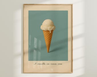 May include: A framed print featuring a vanilla ice cream cone. The ice cream is a light beige color, with a textured waffle cone. The background is a muted teal, and the text "A vanilla ice cream cone" is at the bottom.