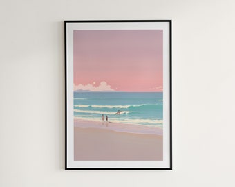 Anime Beach Sunset Art Print, Minimalist Pastel Decor (Digital Download)