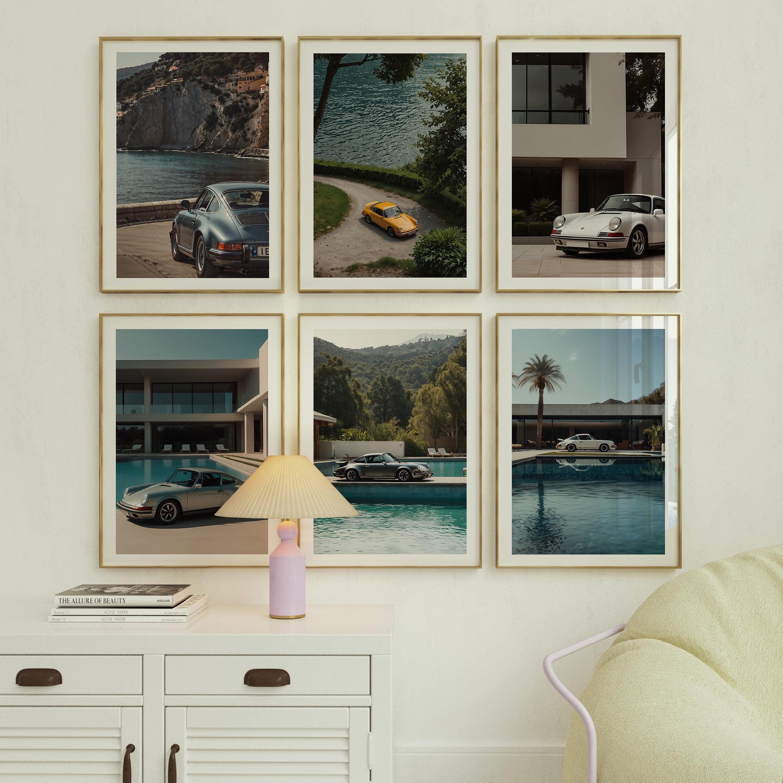 Lot de 6 Porsche 911 au bord de la piscine, impression Porsche vintage, art mural Porsche, affiche de voiture vintage, affiche Porsche ancienne, Porsche 911 minimaliste