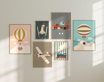 Conjunto de 6 pôsteres para quarto de bebê - Decoração infantil para imprimir, tema transporte, download instantâneo