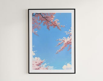 May include: A framed print of a painting depicting a blue sky with pink cherry blossoms in the foreground. The branches of the cherry blossom trees are reaching up towards the sky.