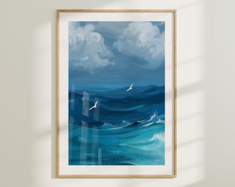 Blue Ocean Waves Art Print, Coastal Sunset Photography (Digital Download)