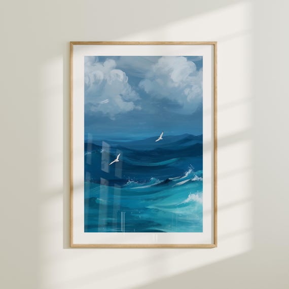 Waves Wall Art, Blue Coastal Sunset Poster, Ocean Waves Print, Beach Aesthetic Art, Ocean Photography, Modern Dorm Wall Decor, Blue Wall Art