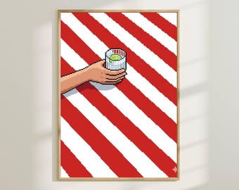 Impressão Pixel Art de Coquetel - Pôster de Jogos Retrô - Arte de Parede Moderna para Bar, Download Digital, Decoração Minimalista para Bebidas