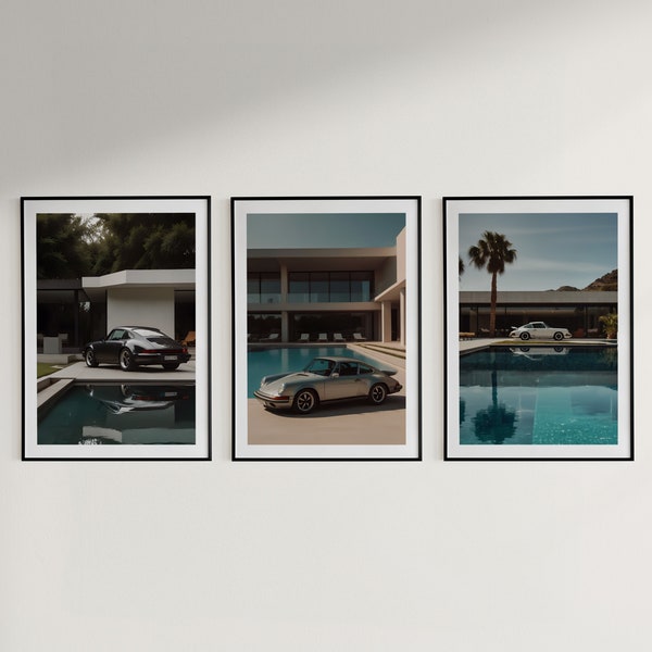 Set di 3 Porsche 911 in piscina, stampa Porsche vintage, arte della parete Porsche, poster di auto d'epoca, vecchio poster Porsche, Porsche 911 minimalista