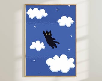 Arte de parede em pixel art de gato voador - Pôster de gato preto caprichoso, decoração de céu onírico, impressão para sala de jogos, arte digital retrô fofa
