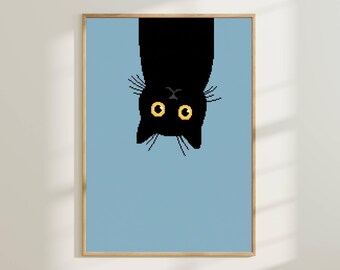 Arte de parede fofa de gato preto de cabeça para baixo - Pôster em pixel art para amantes de gatos, estampa felina peculiar, decoração moderna para quarto, arte minimalista de gato