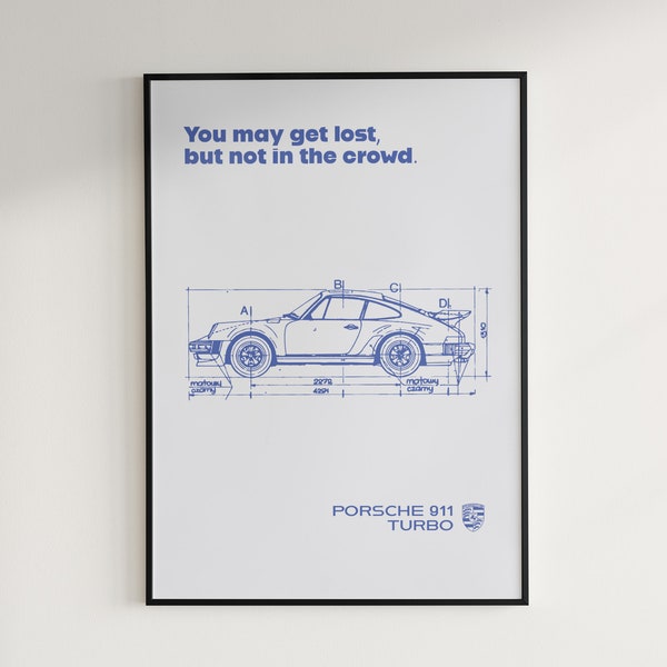 Porsche 911 Turbo Poster, Blueprint Porsche Artwork Fantasy Automotive Wall Art Cool Car Gifts Downloadable Porsche Decor For Living Room