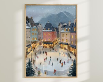 Snowy Town Square Skating Wall Art, Cozy Winter Village Print, French Cottagecore Watercolor Holiday Decor