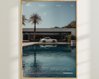 Porsche 911 au bord de la piscine, impression Porsche vintage, art mural Porsche, affiche de voiture vintage, affiche Porsche ancienne, affiche Porsche 911 minimaliste