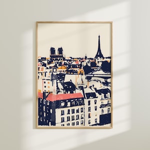Retro Paris Travel Poster – Printable Wall Art Featuring Eiffel Tower and Classic French Architecture with Warm Vintage Color Palette