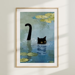 Claude Monet Water Lilies With Black Cat Poster, Preppy Wall art, Funky Wall Art, Funny Wall Art, Printable Wall Art, Black Cat Pond Prints