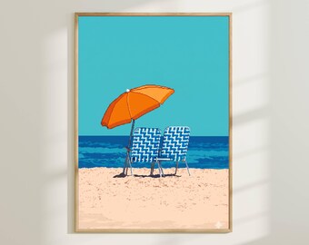 Arte de parede em pixel art com tema de praia - Pôster retrô de verão, estampa de cadeira de praia e guarda-sol, decoração costeira minimalista, arte nostálgica de férias.