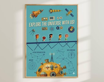 Arte de parede para quarto infantil com tema de exploração espacial - Pôster de astronauta para quarto de criança, estampa retrô de foguete, decoração para sala de jogos com temática de aventura, arte científica divertida.