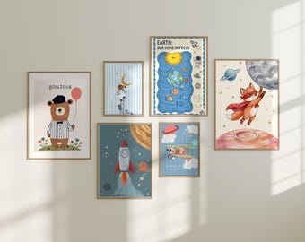 Conjunto de 6 Ilustrações de Parede para Quarto Infantil - Decoração Imprimível para Quarto de Bebê, Coleção Animais Espaciais, Download Instantâneo