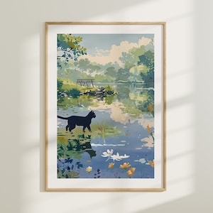 Cat by the Pond, Watercolor Painting Art Print, Digital Art Cat Poster, Lily Pad Lake Landscape, Black Cat Art, Claude Monet Cat Drawing