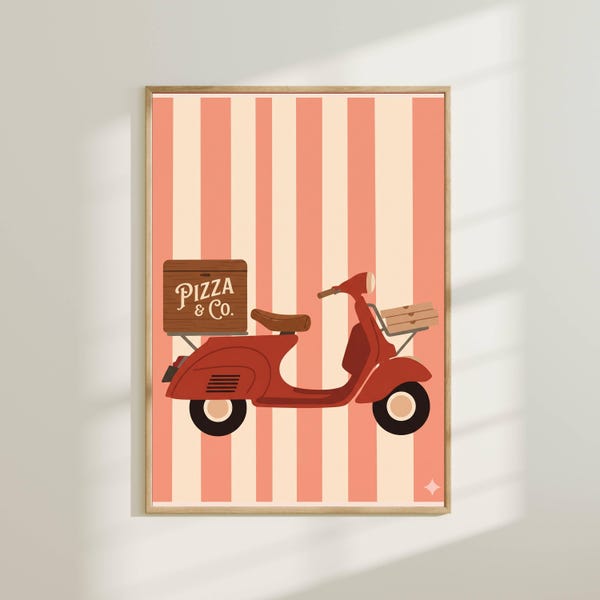 Cute Pizza Scooter Nursery Wall Art - Retro Vespa Poster for Kids Room, Whimsical Delivery Print, Vintage Nursery Decor