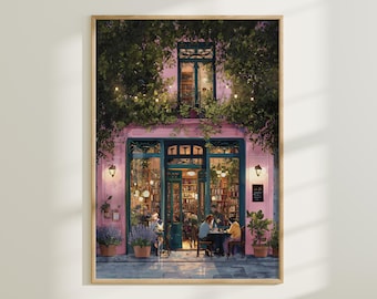 Arte de parede para livraria e café, impressão de cena de rua francesa, decoração aconchegante em aquarela vintage cottagecore em Paris