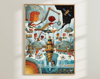 Arte de parede para quarto infantil com tema de exploração espacial - Pôster retrô de astronauta para quarto de crianças, estampa científica divertida, decoração para sala de jogos com temática de aventura.