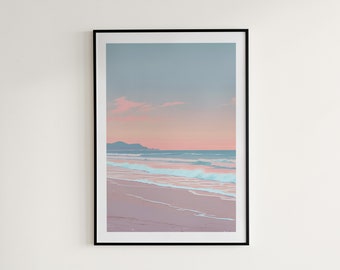 Impresión minimalista de anime con amanecer en la playa, arte mural lofi pastel (descarga digital)