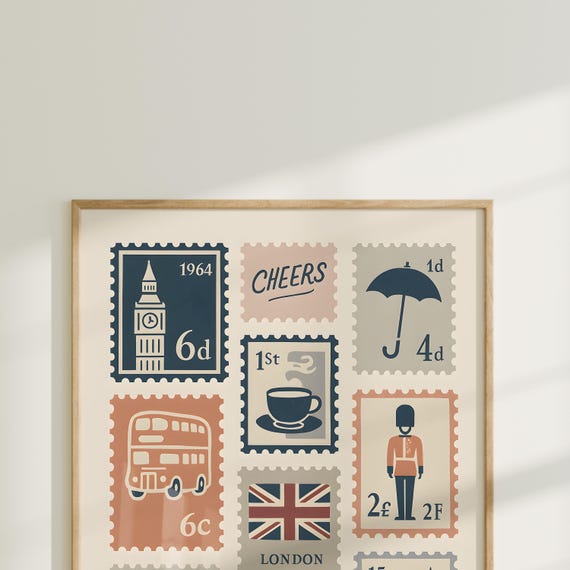 Vintage London Stamp Art Print – Retro British Icons Featuring Big
