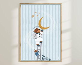 Arte de parede fofa de urso astronauta para quarto de bebê - Pôster infantil com tema espacial, estampa de urso adorável, decoração lúdica para quarto de bebê.
