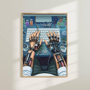 Peut inclure: Une illustration numérique de mains robotiques tapant sur un clavier d'ordinateur blanc. Les bras mécaniques présentent des fils apparents, des articulations métalliques et des pistons. Le bureau est encombré de fioles, d'un outil et de circuits.