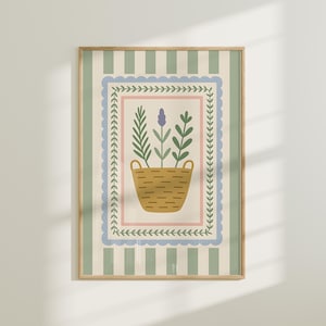 Herb Basket Wall Art – Folk Art Botanical Print of Lavender and Rosemary, Cottagecore Kitchen Decor, Vintage Printable Herb Garden Poster