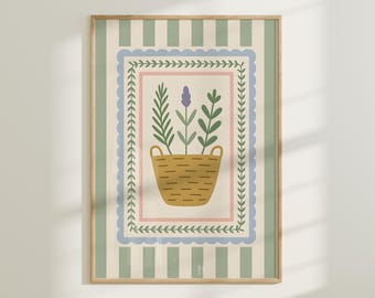 Impressão botânica de cesta de ervas – Lavanda e alecrim em estilo folk (Download digital)