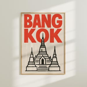 Bangkok Wall Art Print – Wat Arun Travel Poster with Thai Line Art, Retro Minimalist Bangkok Decor, Thailand Cityscape Wall Print Artwork