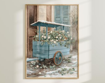 Arte de parede com carrinho de flores de inverno, impressão de mercado floral com neve, cena de rua em aquarela vintage francesa Cottagecore