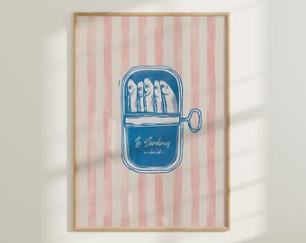 Sardines in a Can Wall Art, Blue and Pink Striped Background Print, Coastal Kitchen Decor, Nautical Fish Art, Modern Minimalist Artwork