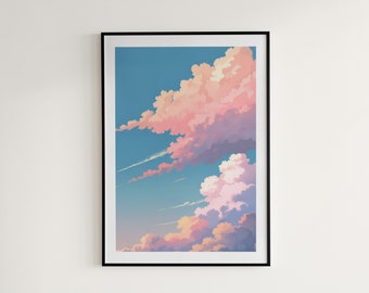 May include: A framed print of a digital painting depicting a sky filled with fluffy pink and white clouds against a blue background.
