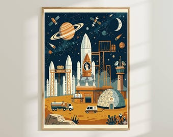 Arte de parede para quarto infantil com tema de exploração espacial - Pôster de foguete para quarto de criança, estampa espacial retrô, decoração de quarto infantil com tema de aventura, arte educativa para sala de jogos.