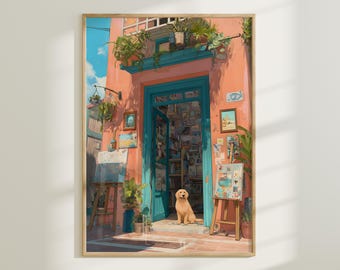 Arte de parede de cachorro de estúdio de artista, impressão de ateliê rosa aconchegante, cena de rua de vitrine em aquarela francesa Cottagecore